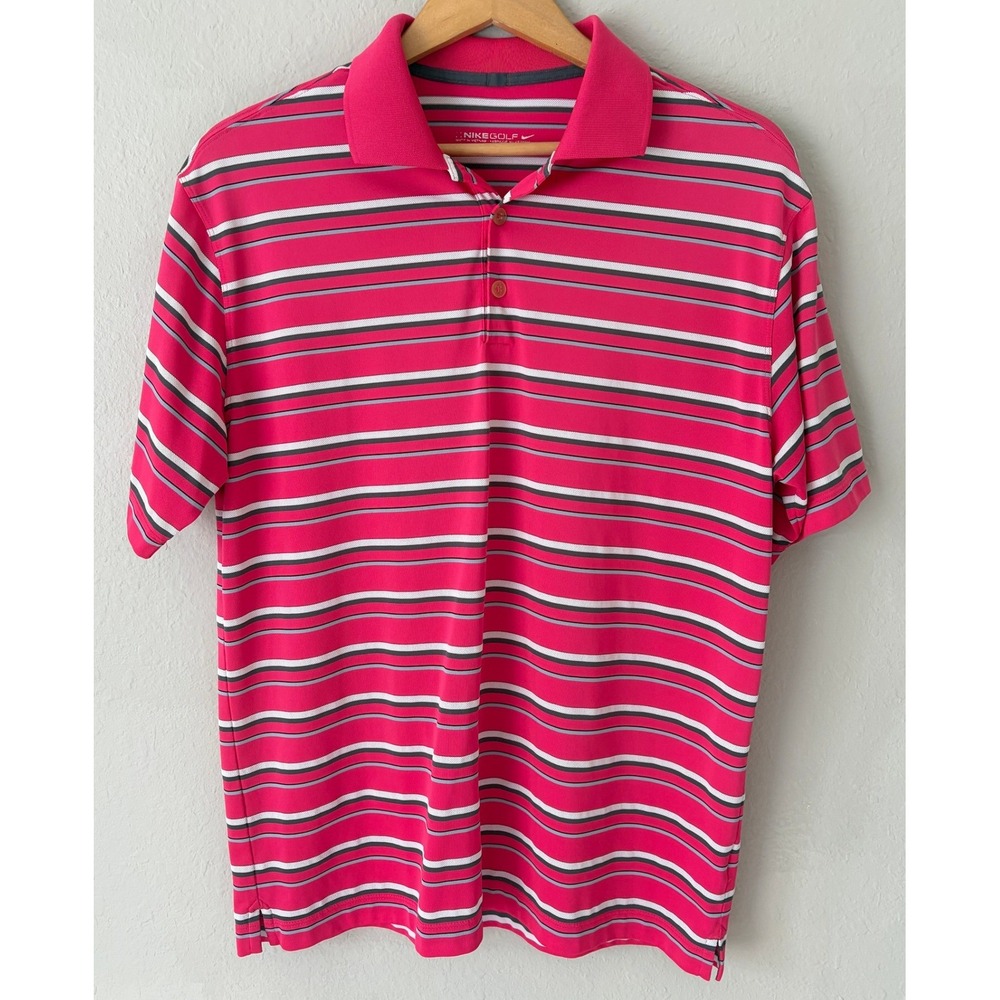 Nike Mens Pink Striped‎ Dri-FIT Golf Polo Shirt Size M Short Sleeve Athletic
